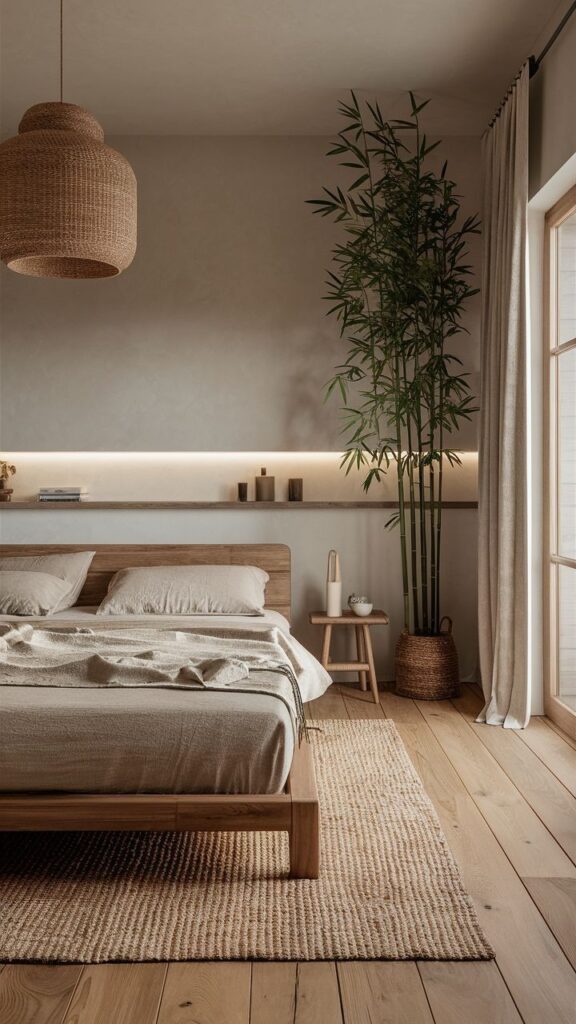 Cozy minimalist bedroom with wooden bed, soft lighting, and potted plant for a serene, natural feel.