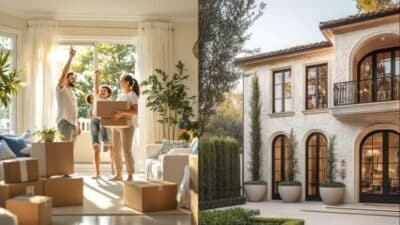 Family moving into a new home, surrounded by boxes, with an exterior view of a luxury house.