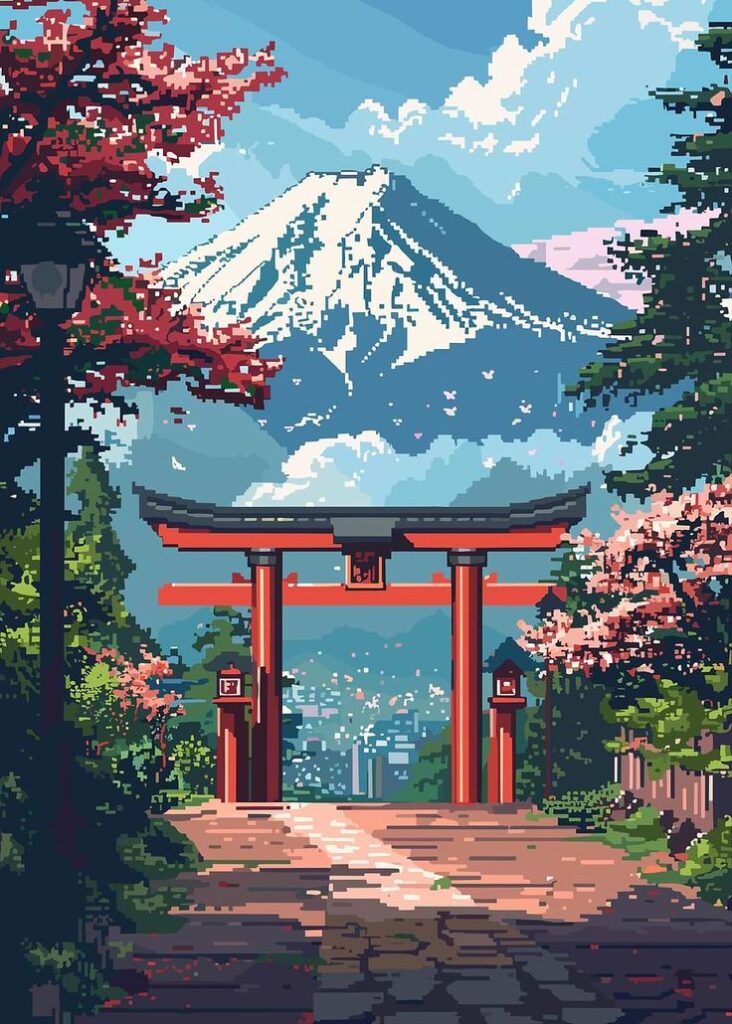 Pixel art of a Japanese torii gate with Mount Fuji in the background and cherry blossoms.