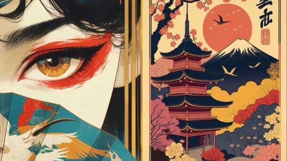 Illustrated woman with vibrant makeup next to a traditional Japanese pagoda, cherry blossoms, and Mount Fuji in the background.