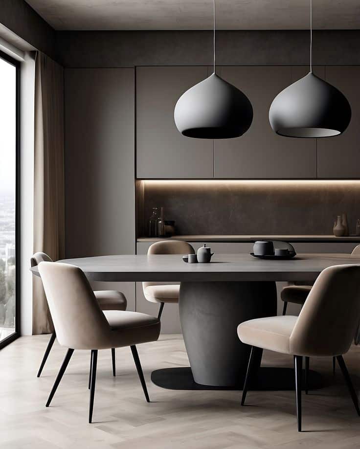 Modern dining area with grey tones, a sleek table, beige chairs, and stylish pendant lights.