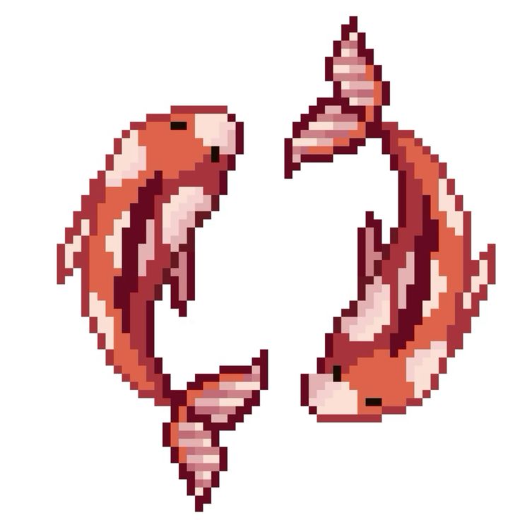 Pixel art of two koi fish swimming in a circular pattern, symbolizing harmony and balance.