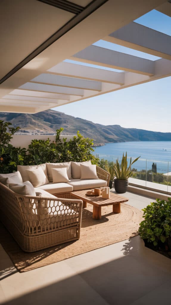 Modern terrace with cozy seating, ocean view, and plants, under a pergola with natural light. Relaxing coastal vibe.