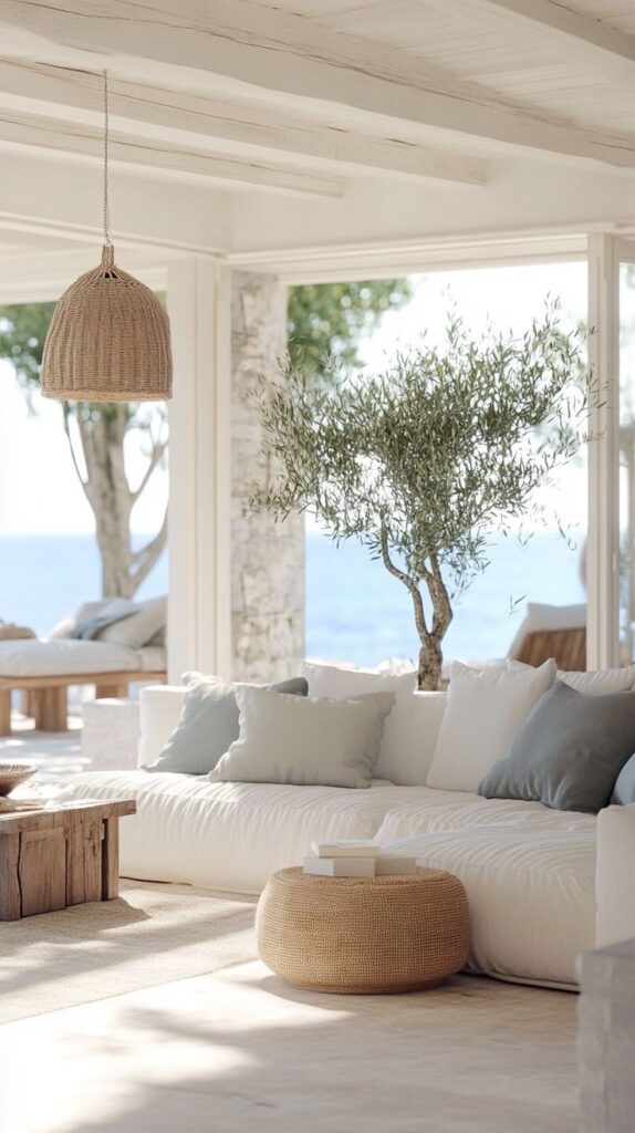 Modern coastal living room with white sofa, wicker lamp, and ocean view through large windows. Serene and minimalist decor.