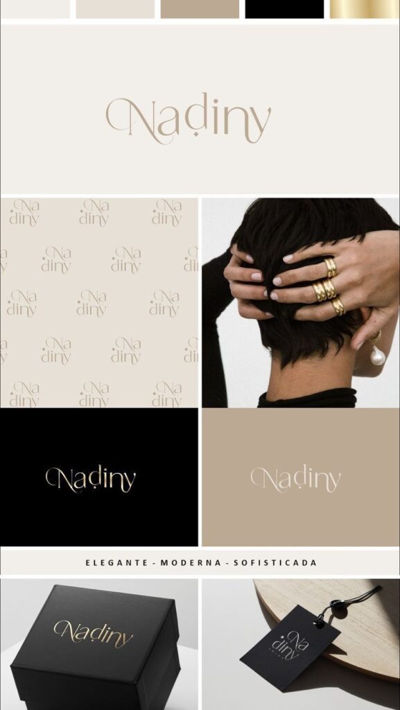 Nadiny brand design showcasing elegance and sophistication with neutral tones, jewelry accents, and stylish packaging.