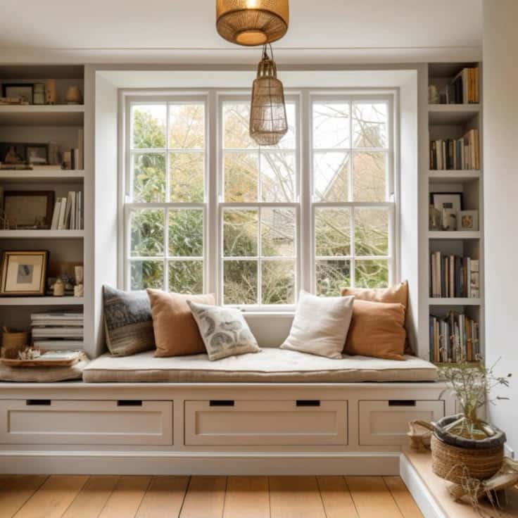 Cozy window seat with cushions and bookshelves, offering a tranquil reading nook in natural light.