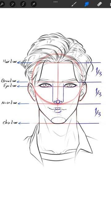 Portrait drawing guide showing facial proportions with labeled guidelines for hairline, eyes, nose, and chin.