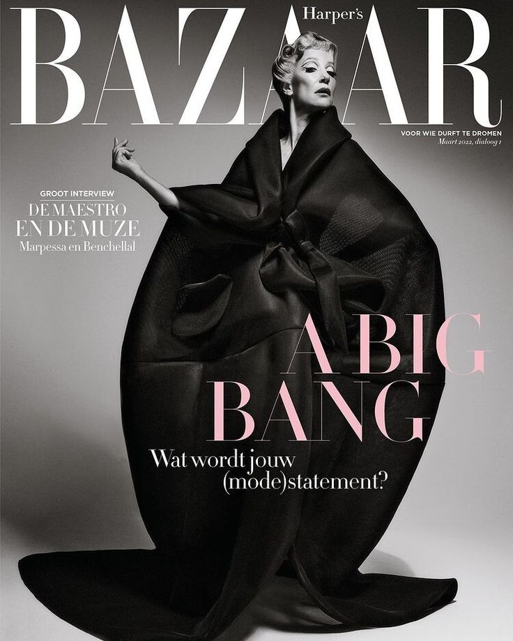 Harper's Bazaar magazine cover, model in elegant black dress, text: A Big Bang, fashion statement theme.
