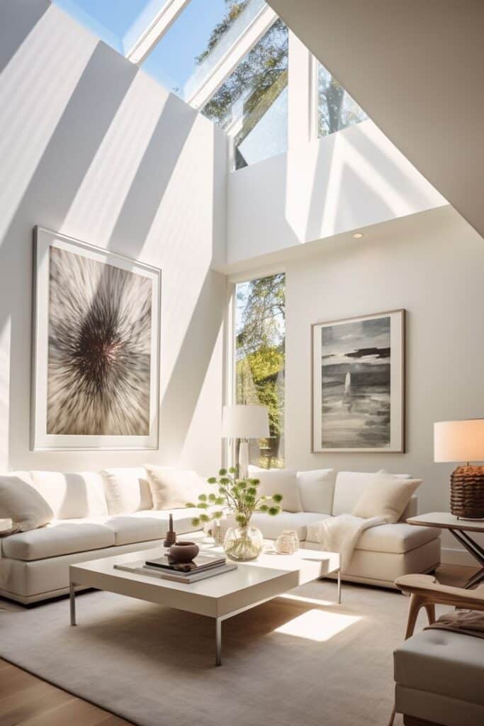 Modern living room with large windows, beige sofa, and stylish decor. Bright and spacious interior design.