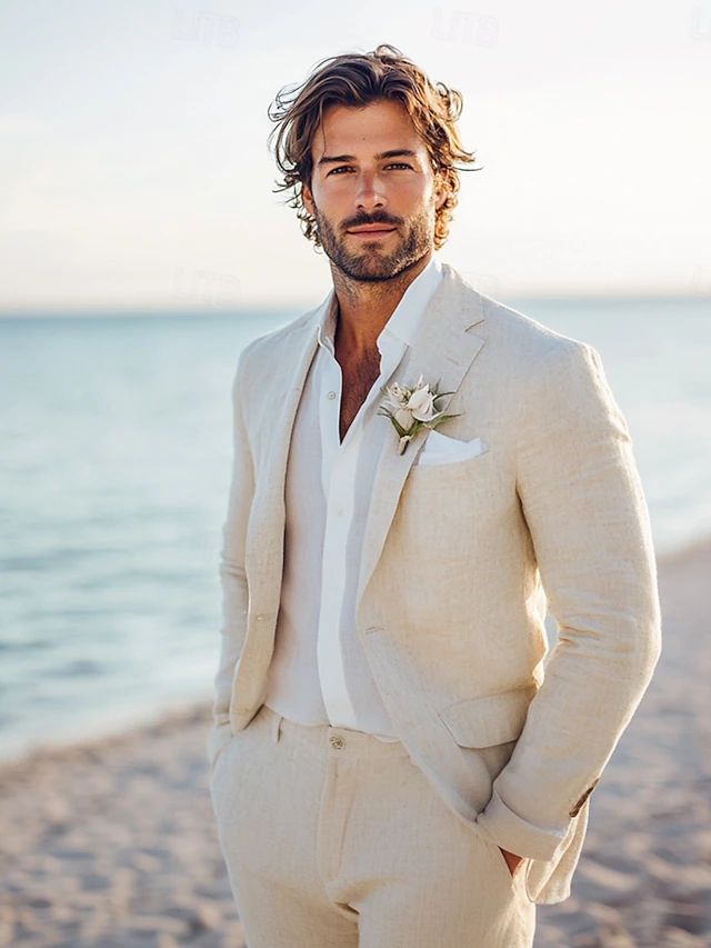 Mens Beach Wedding Linen Suits Beige Groomsmen Suits Summer Lightweight Casual Solid Colored Standard Fit 2 Piece Single Breasted One-button 2025 - 6_99 | Sky Rye Design