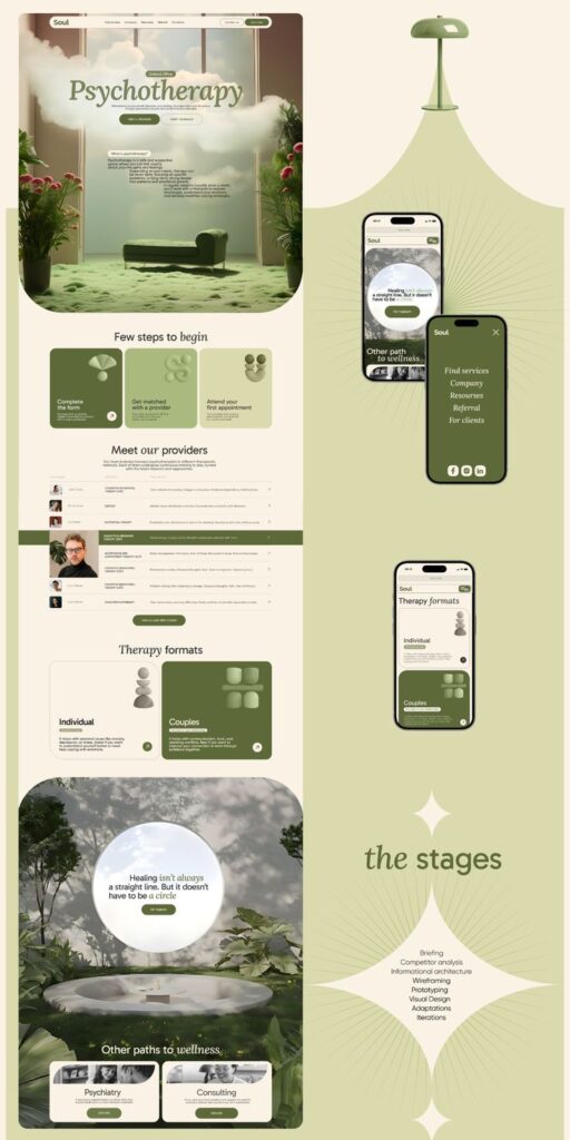 Modern psychotherapy website design showcasing services and providers with a soothing, natural theme.