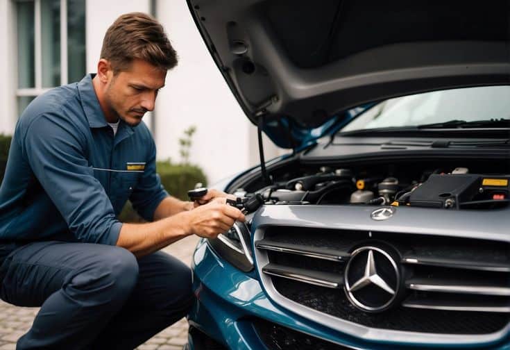 Mercedes A Class Fuel Flap Replacement_ Step-by-Step Guide Mechanic inspecting engine of luxury car with hood open, focusing on maintenance. | Sky Rye Design Mechanic inspecting engine of luxury car with hood open, focusing on maintenance.