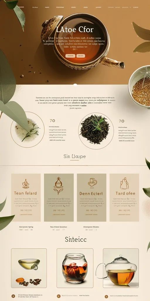 Elegant tea website design with organic elements, showcasing various tea types and soft earthy tones for a calming effect.