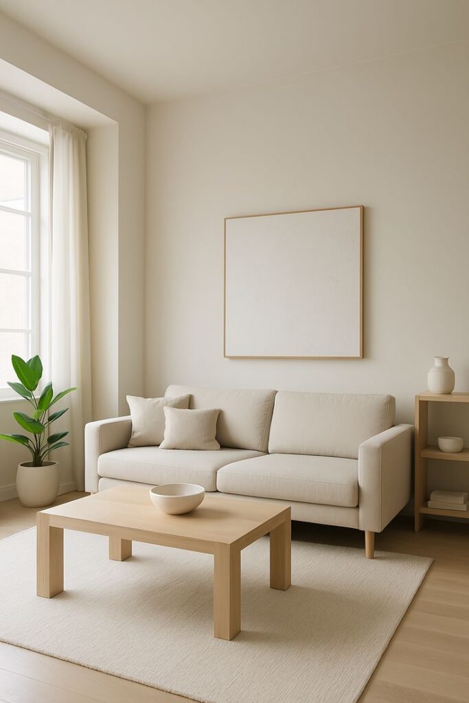 Minimalist living room with beige sofa, wooden coffee table, and plant, creating a serene, stylish atmosphere.