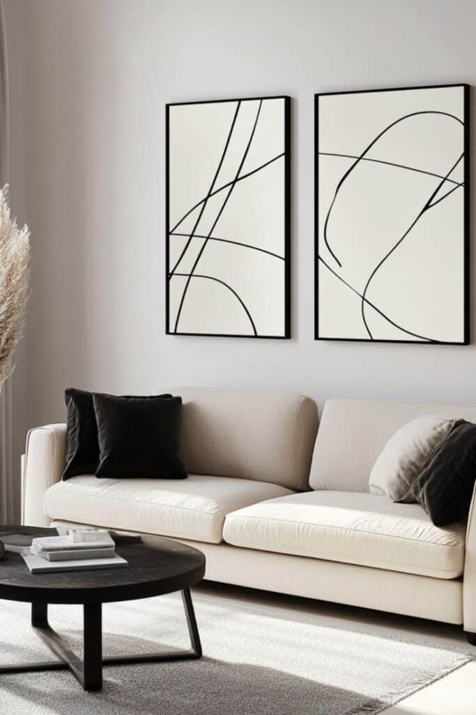 Minimalist living room with beige sofa, black cushions, modern abstract art, and round coffee table.