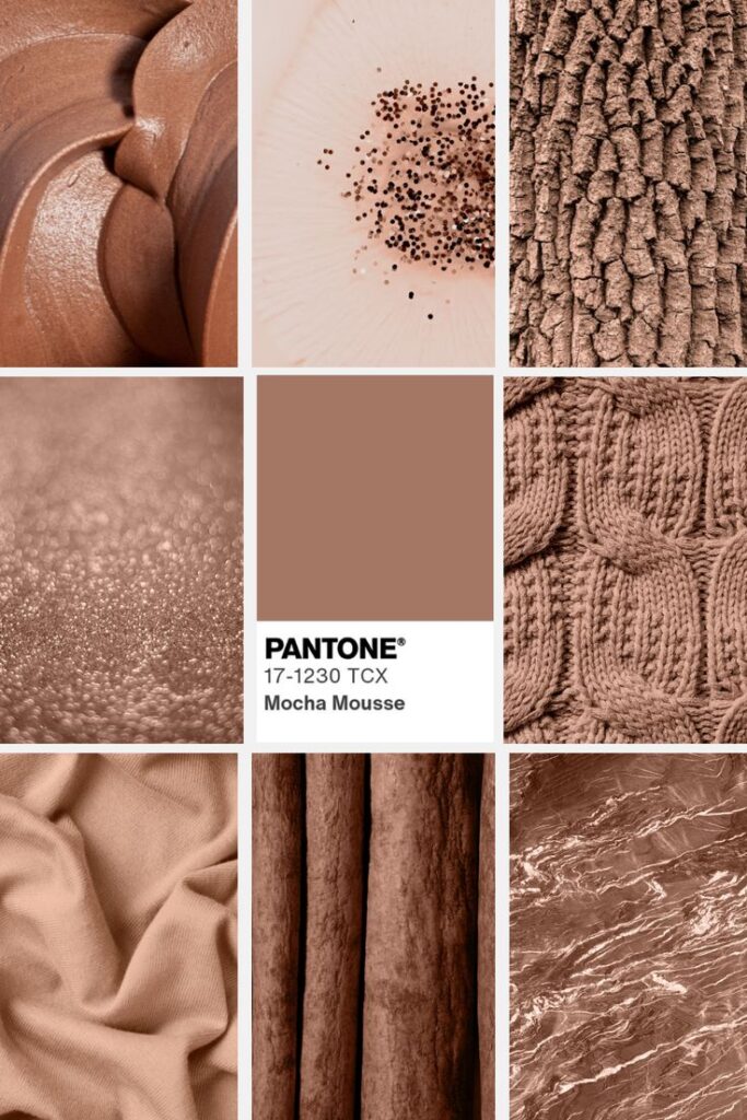 Pantone Mocha Mousse 17-1230 TCX color palette with textures like fabric, bark, and knit patterns for design inspiration.