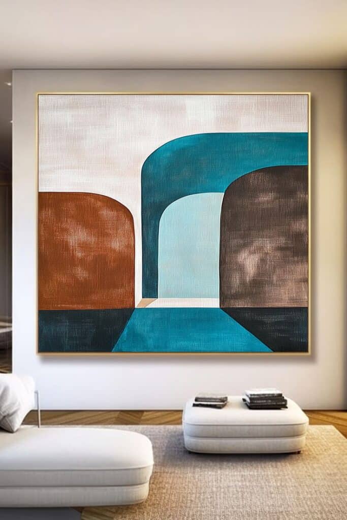 Abstract painting with geometric shapes in blue, brown, and white tones, displayed in a modern living room setting.