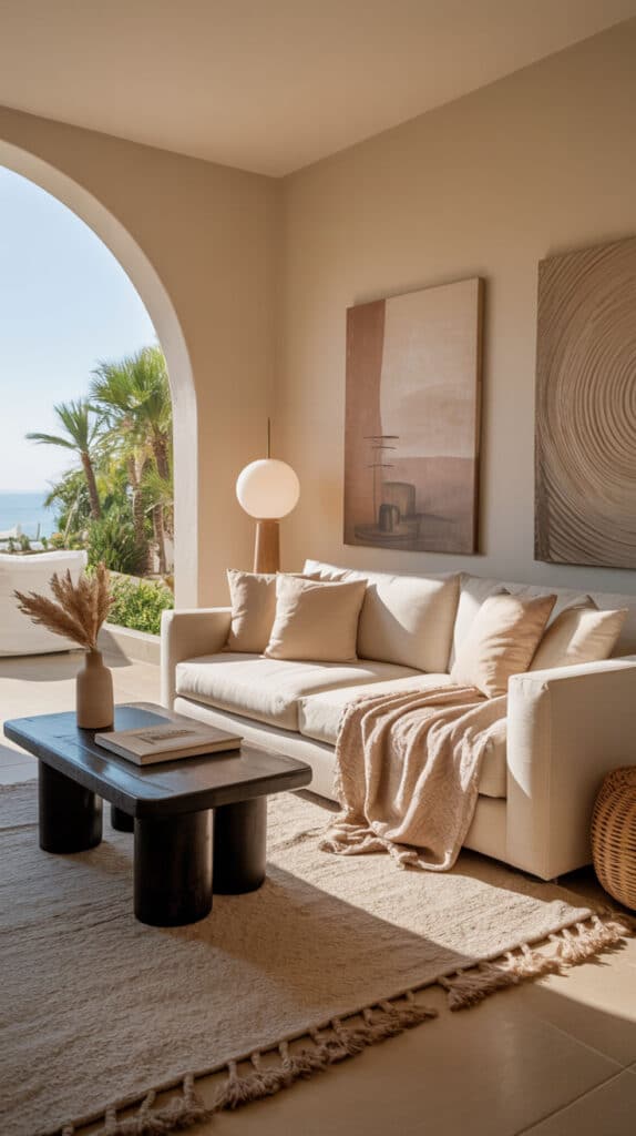 Stylish living room with beige sofa, abstract art, and ocean view through arched window. Cozy interior design.