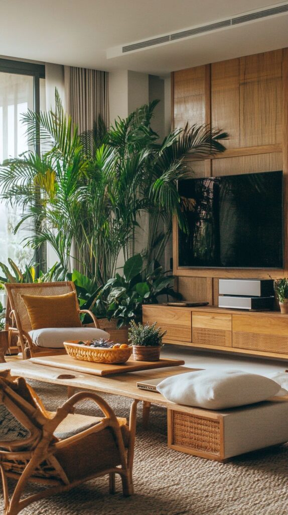 Cozy living room with wooden furniture, large plants, and a TV, creating a natural and inviting atmosphere.