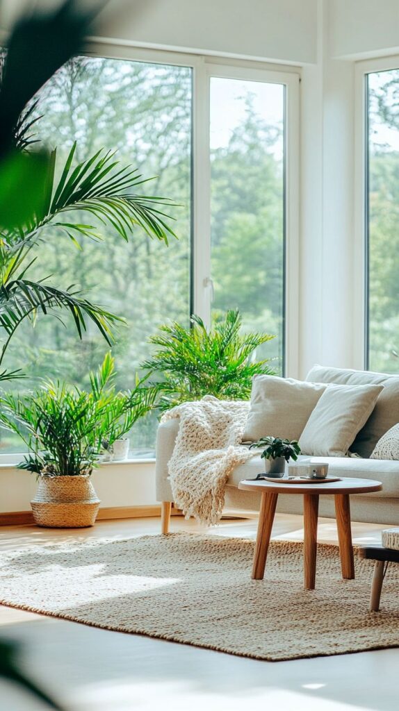 Bright living room with cozy sofa, lush green plants, and sunlight streaming through large windows.