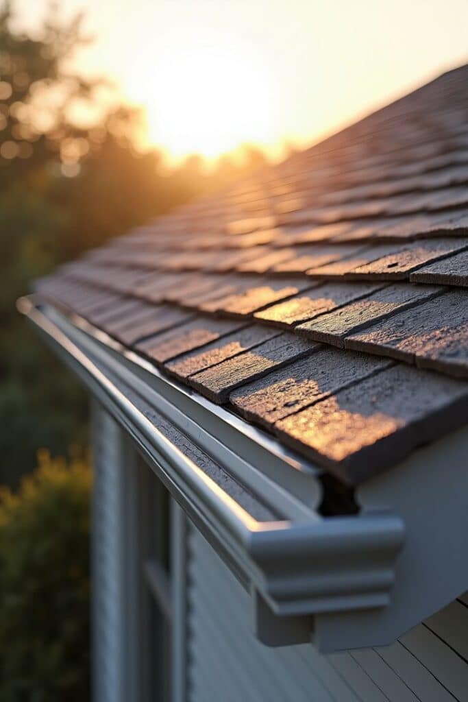 Close-up of a shingled roof with a gutter at sunset, highlighting its texture and design.