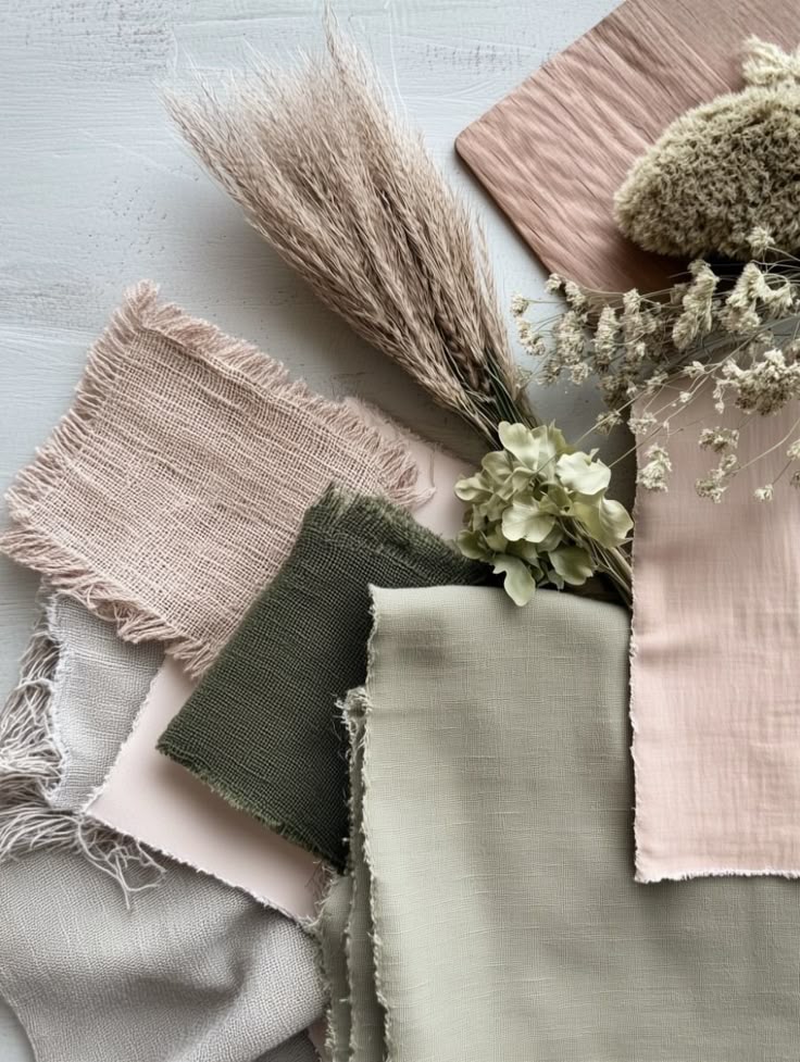 Moodboard для интерьера в натуральных тонах с розовым и зелёным акцентами | Sky Rye Design