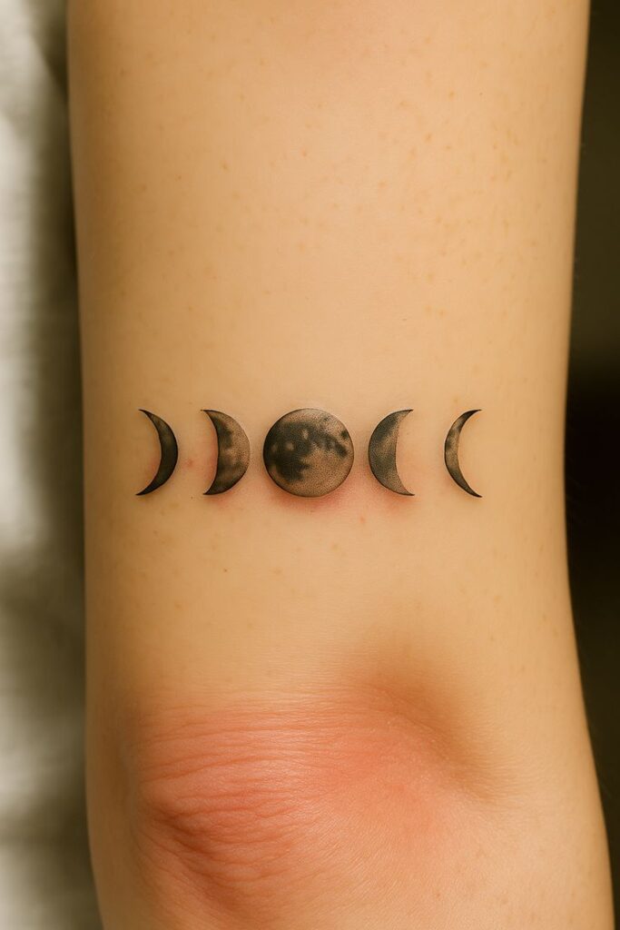 Tattoo of moon phases on an arm, showcasing waxing and waning crescents with full moon detail.