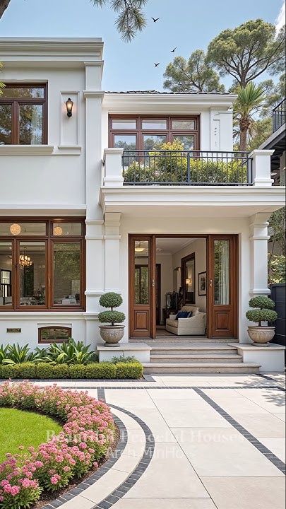Elegant modern house exterior with large windows, landscaped garden, and spacious entryway under a clear blue sky.