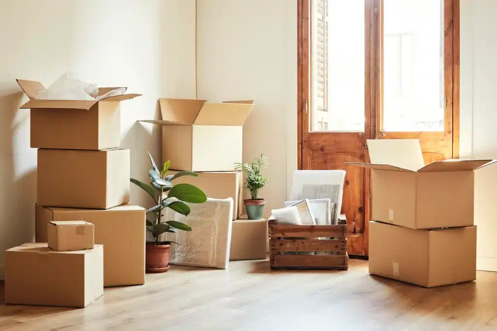 Cardboard boxes and potted plants near large wooden doors in a brightly lit room, suggesting a moving day.