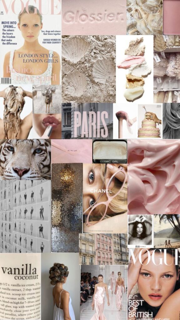 Fashion and beauty collage featuring Vogue covers, Glossier, Chanel, Paris imagery, and pastel aesthetics.
