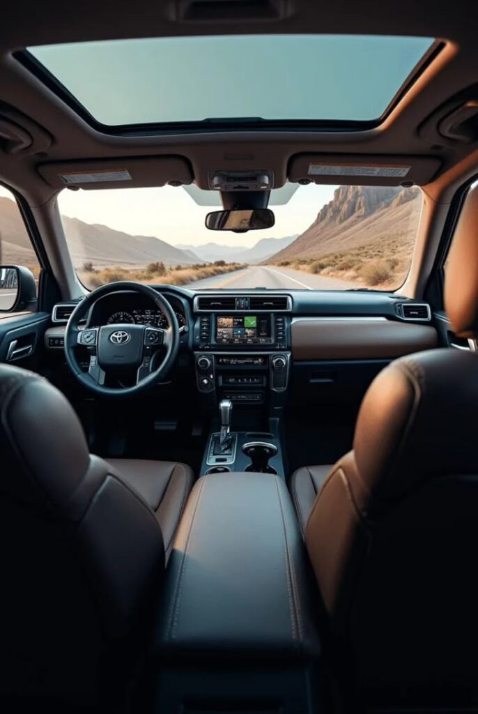 SUV interior with leather seats and a sunroof, driving on a scenic desert highway under a clear sky.