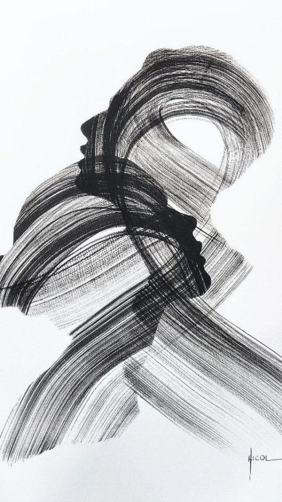 Abstract black brush stroke art on white background, depicting overlapping silhouette profiles.