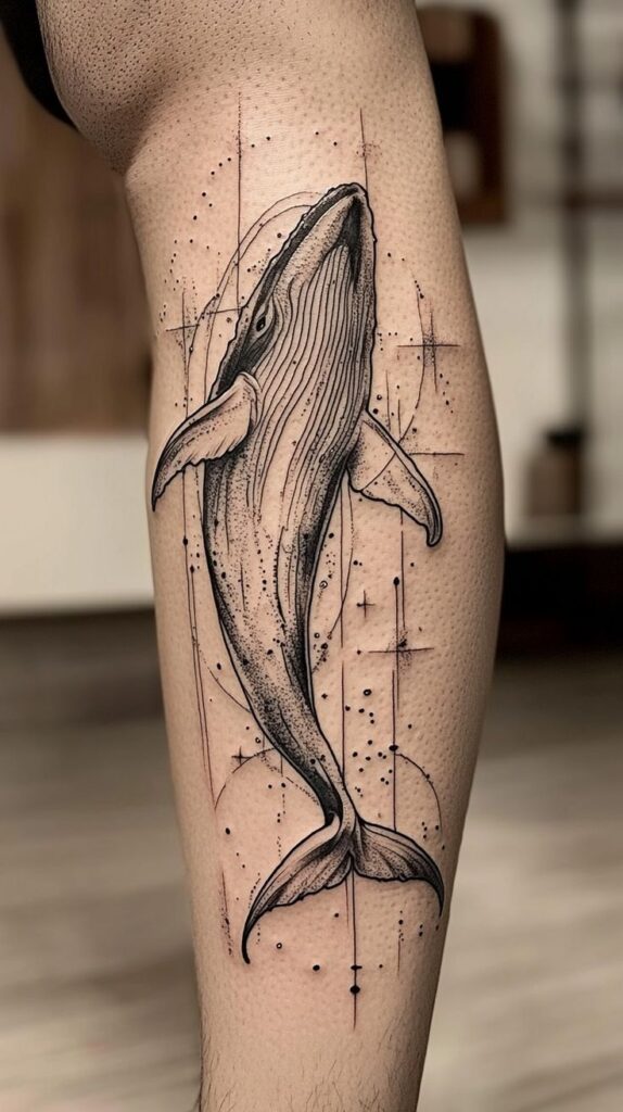 Obsessed with 💦 Swimming and Ink_ These Tattoo Ideas Will Blow Your Mind 111 Orca tattoo on leg, detailed line art design with geometric elements on skin background. | Sky Rye Design Orca tattoo on leg, detailed line art design with geometric elements on skin background.