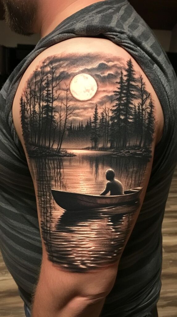 Obsessed with 💦 Swimming and Ink_ These Tattoo Ideas Will Blow Your Mind 132 Tattoo of a serene lake scene under a full moon, featuring a lone figure in a boat surrounded by trees. | Sky Rye Design Tattoo of a serene lake scene under a full moon, featuring a lone figure in a boat surrounded by trees.