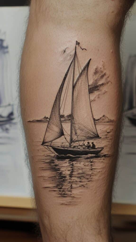 Obsessed with 💦 Swimming and Ink_ These Tattoo Ideas Will Blow Your Mind 64 Sailboat tattoo on leg, detailed black ink design featuring ocean waves and clouds in the background. | Sky Rye Design Sailboat tattoo on leg, detailed black ink design featuring ocean waves and clouds in the background.