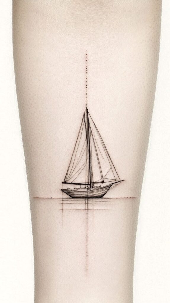 Minimalist sailboat tattoo design with fine line art on skin.