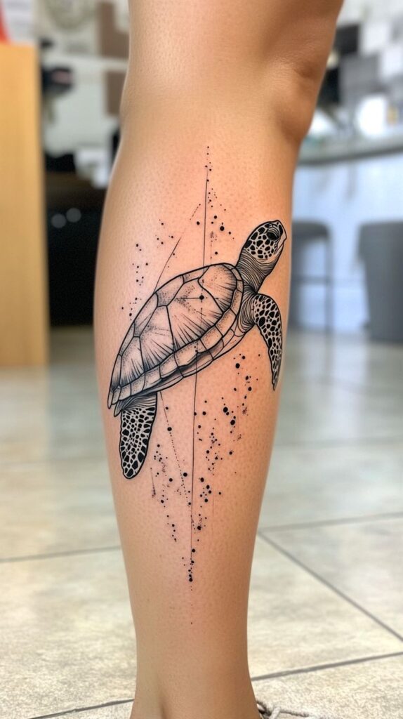 Sea turtle tattoo on a leg, featuring intricate detailing and geometric elements.