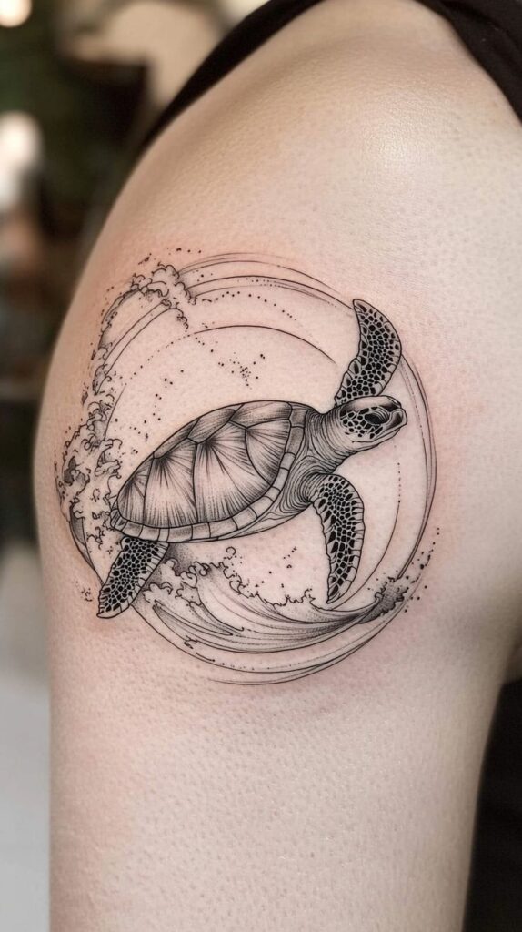 Sea turtle tattoo on upper arm with wave design in black ink.