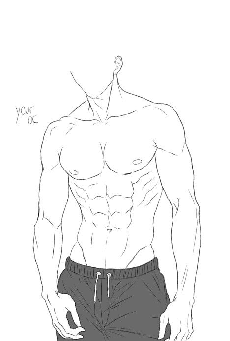 Sketch of a muscular male torso, faceless, wearing drawstring pants, labeled your OC for original character design.