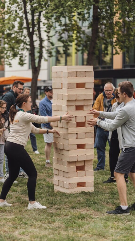 Outdoor group playing giant Jenga game on grass, surrounded by trees and buildings.
