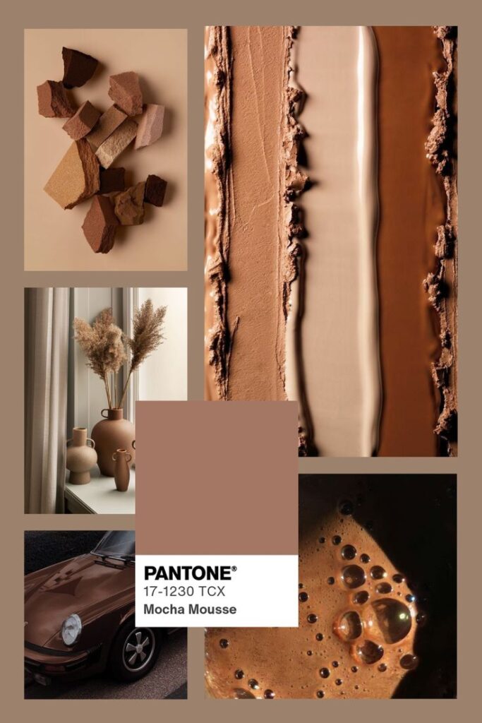 Pantone 17-1230 TCX Mocha Mousse color palette inspiration with textures and objects in earthy tones.