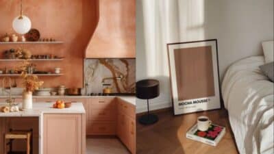 Warm-toned kitchen and cozy bedroom corner with art print, lamp, and books create a stylish, inviting home interior.