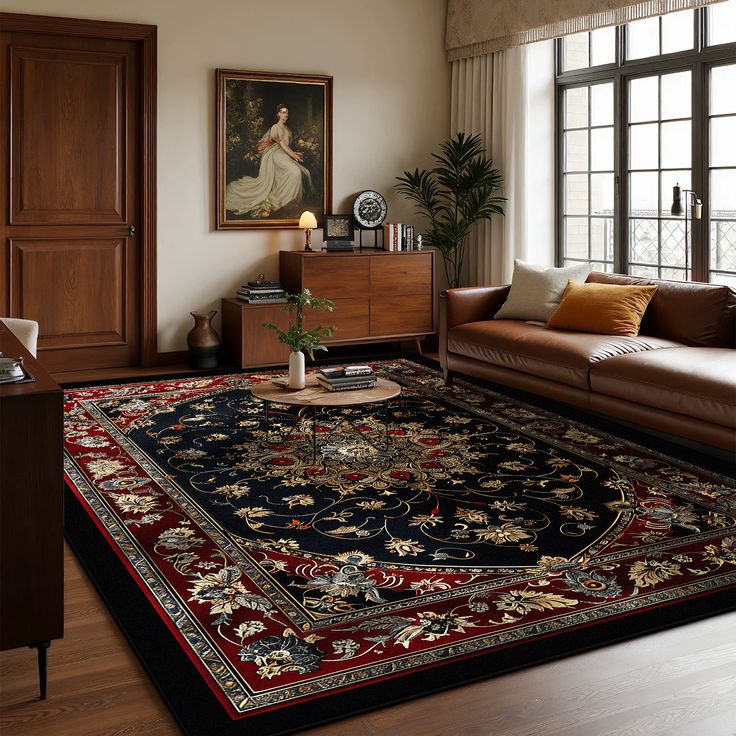 Elegant living room with vintage rug, leather sofa, and classic art; warm, inviting, and stylishly furnished space.