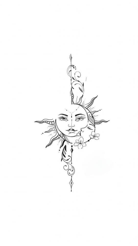 Intricate sun and moon tattoo design with floral and abstract elements on a white background.