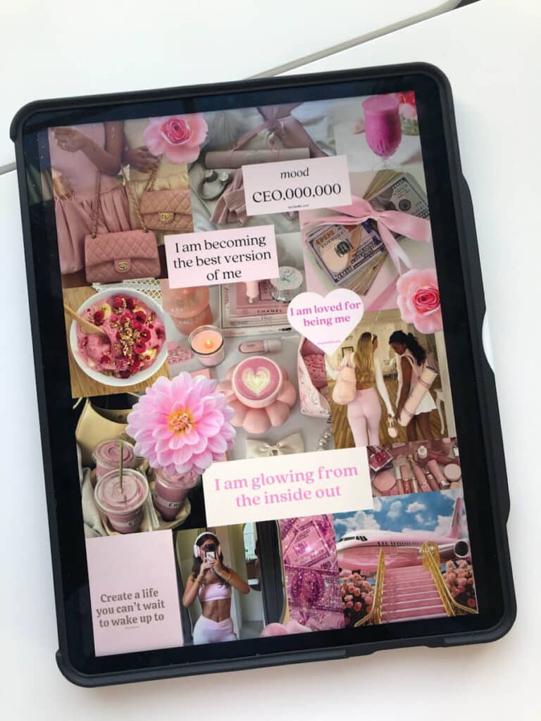 Vision board on tablet with pink aesthetic, goals, motivational quotes, luxury items, and lifestyle inspiration.