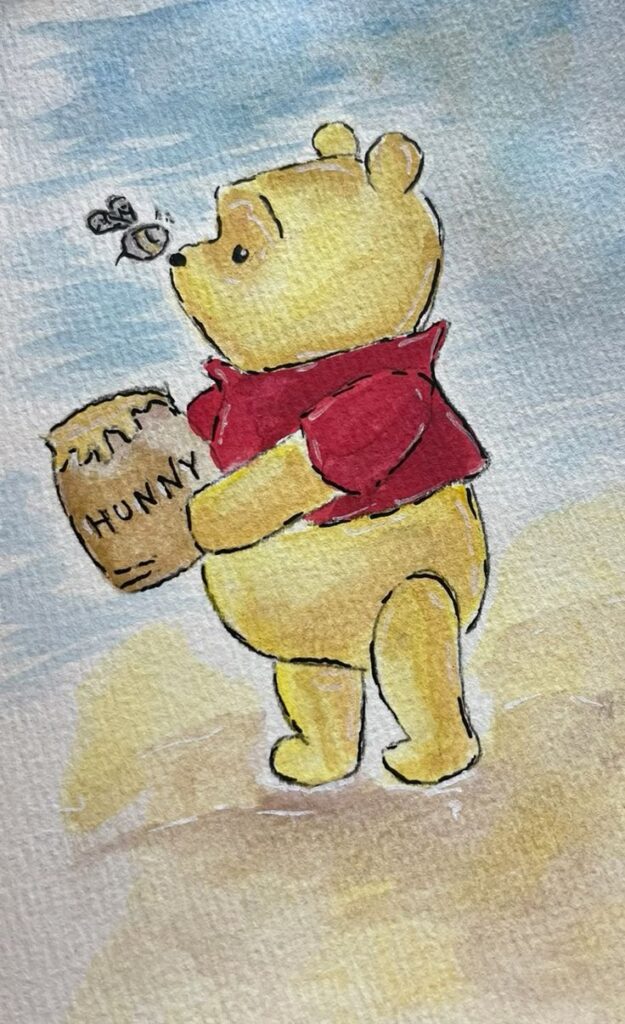 Cartoon bear holding a honey pot and looking at bees, wearing a red shirt, watercolor illustration.