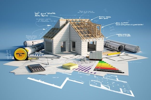 Miniature house model with roof frame on blueprints, surrounded by architectural tools and energy efficiency chart.