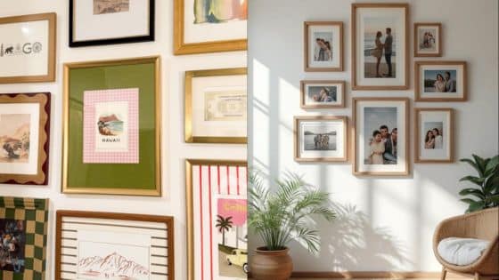 Preserving memories achievements art and collectables with framing Gallery wall with diverse framed art and photographs in a cozy, sunlit room with a rattan chair and green plants. | Sky Rye Design Gallery wall with diverse framed art and photographs in a cozy, sunlit room with a rattan chair and green plants.