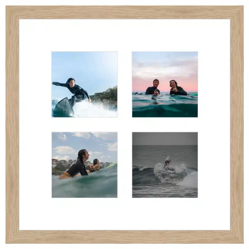 Collage of surfers riding waves and enjoying the ocean, framed in wood.
