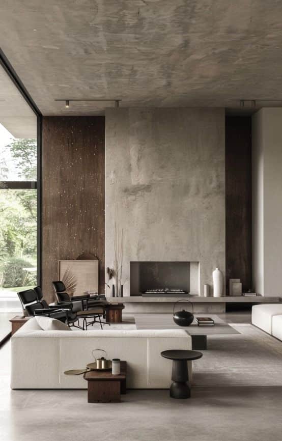 Modern living room with minimalist design, featuring a large fireplace, white sofa, and floor-to-ceiling windows.